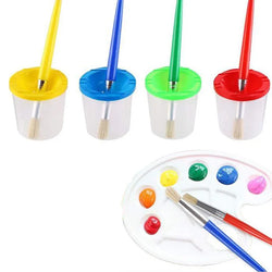 9 Pcs No Spill Paint Cups Set with Paint Brushes and Paint Tray Palette, featuring durable cups with lids, natural bristle brushes, and a mixing palette. Perfect for creative, mess-free play.