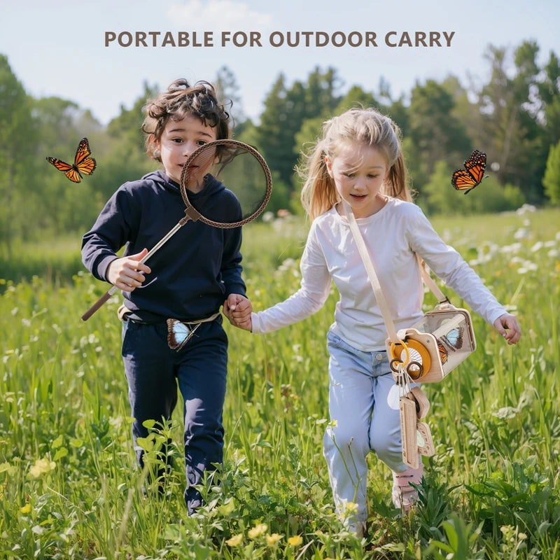 Two children in a field with butterfly nets, surrounded by butterflies, with text 'Portable for Outdoor Carry' at the top.
