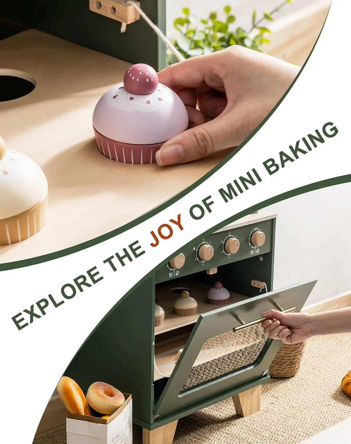 Mini oven with small baked items and text promoting mini baking fun.
