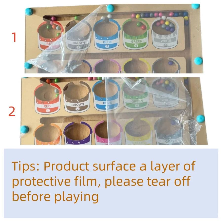 Educational toy with color mixing cups and protective film instructions.