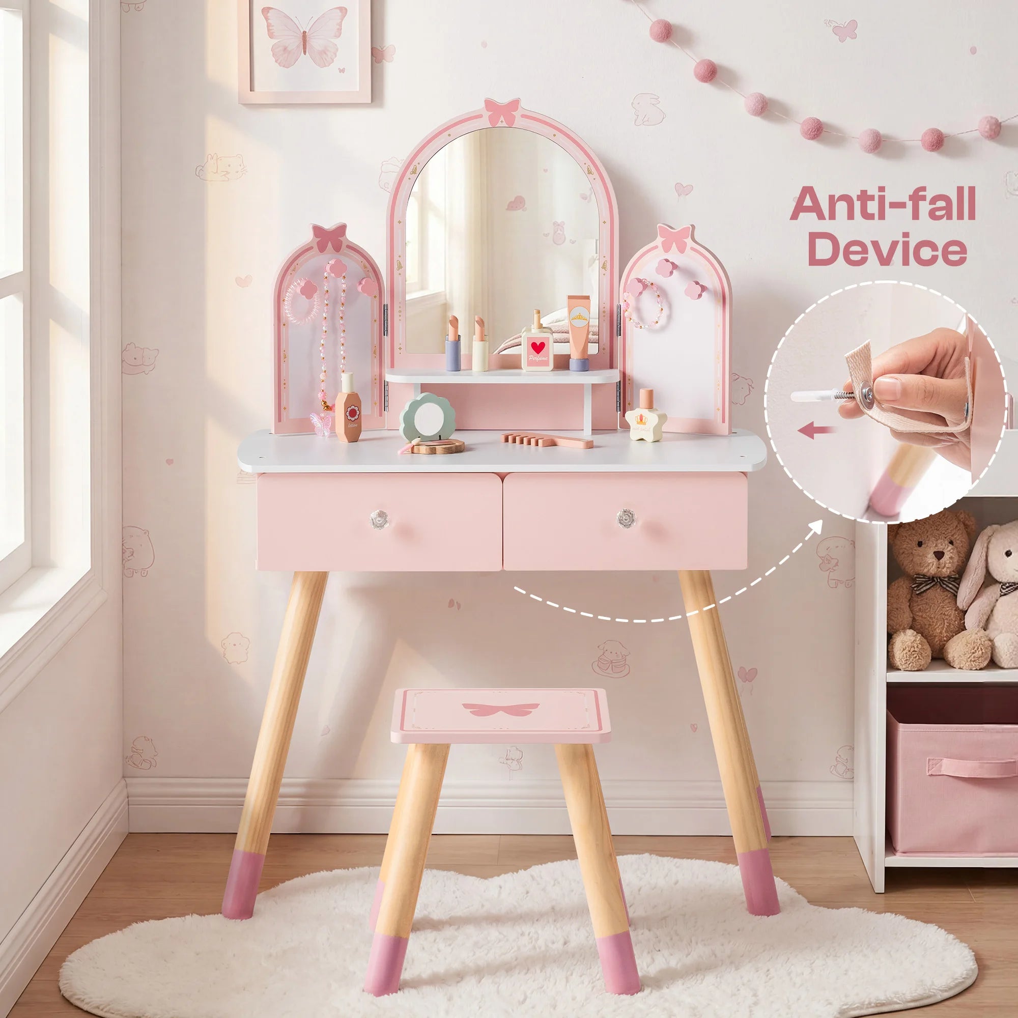 Wooden Kids Vanity Table with Mirror and Stool