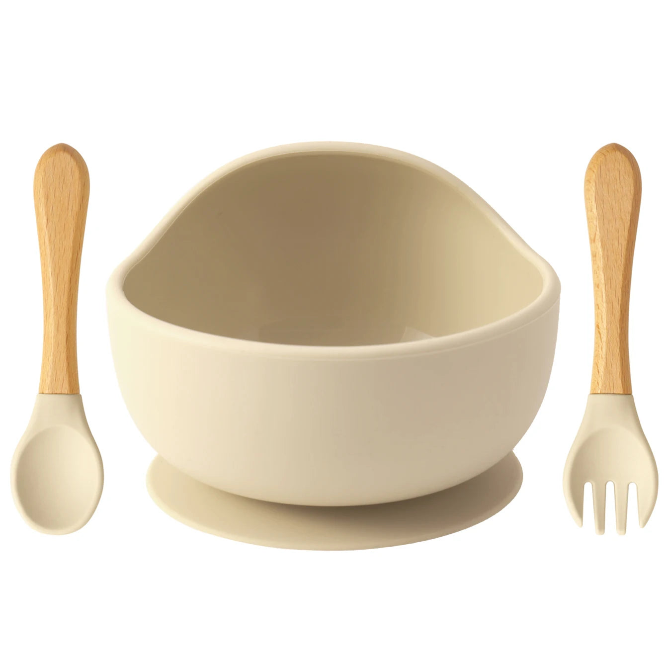 Beach Sand silicone suction bowl with wooden spoon and fork