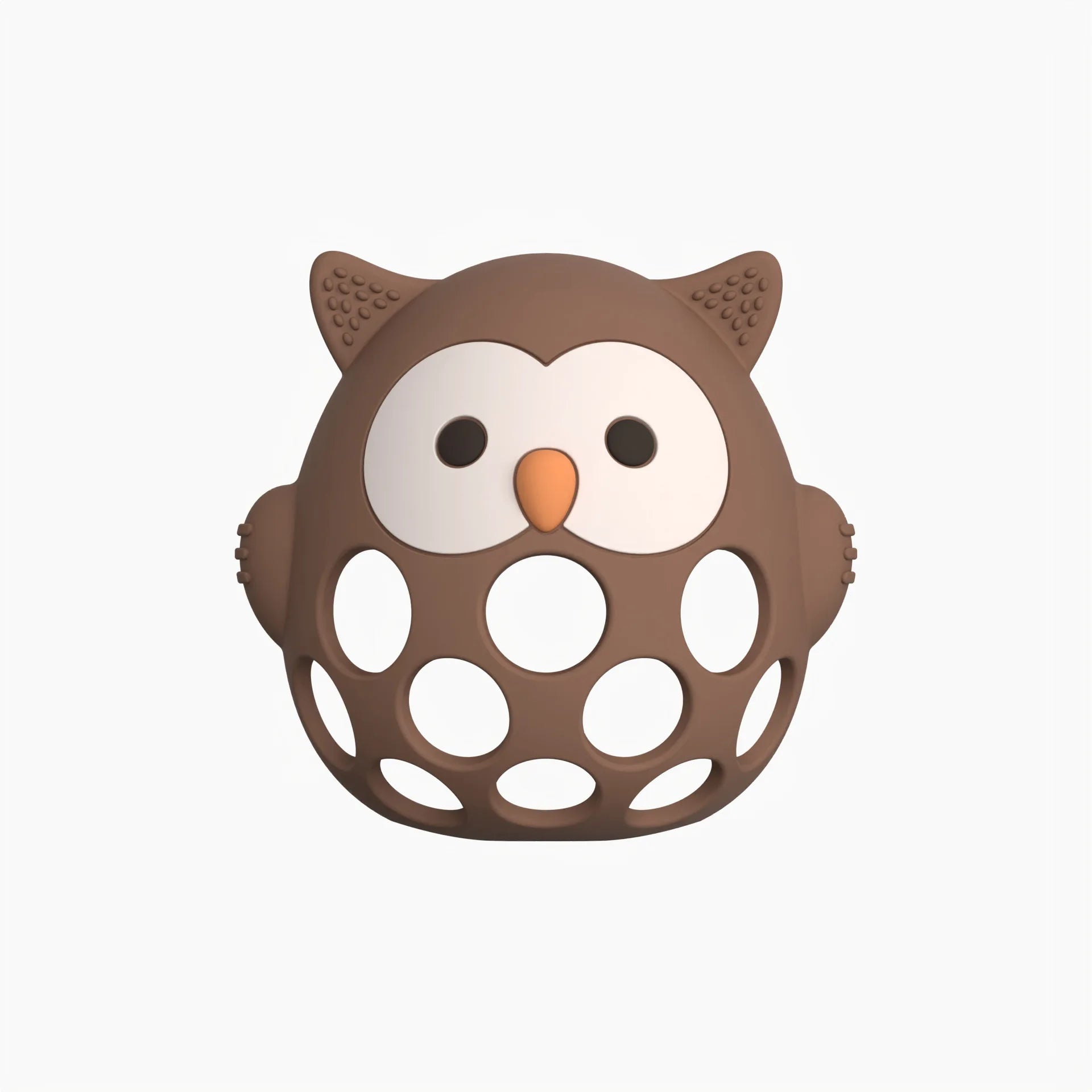 Brown owl-shaped teething ring on a white background