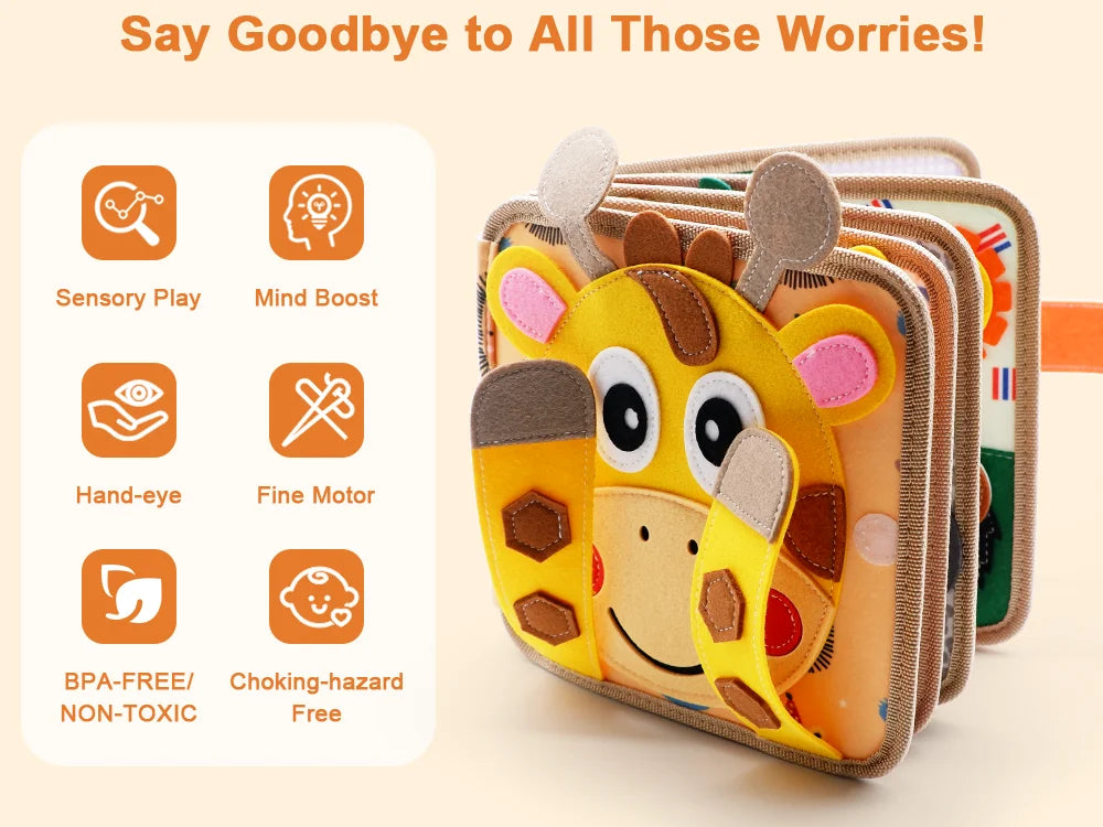 Children's book with a giraffe design and text 'Say Goodbye to All Those Worries!' on a beige background.