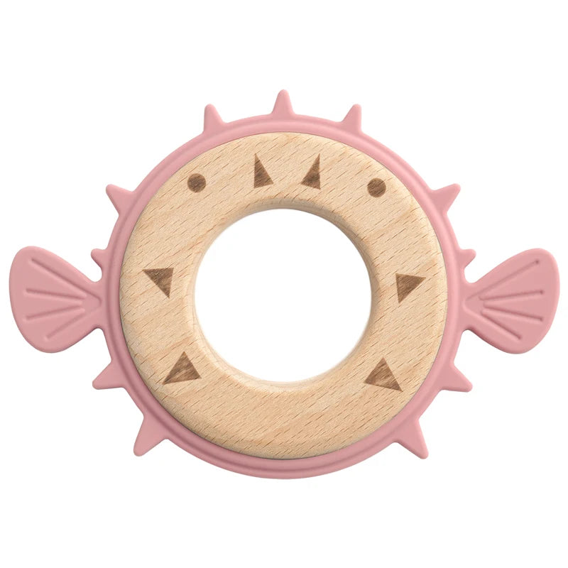 Powder rose pufferfish teether with wooden ring