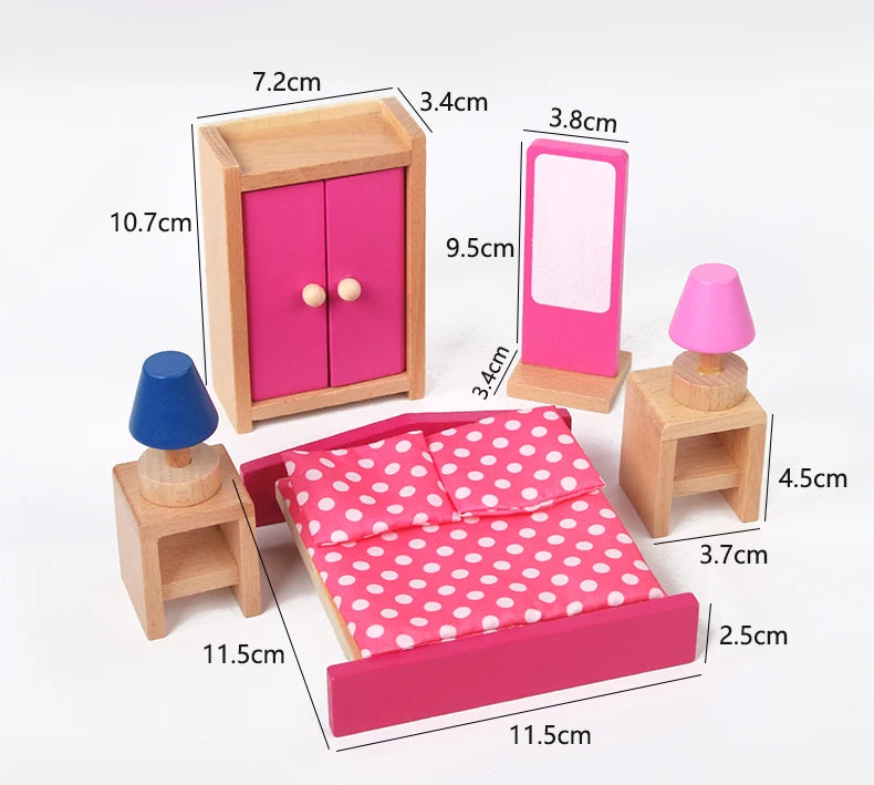 Set of wooden dollhouse furniture with measurements on a white background