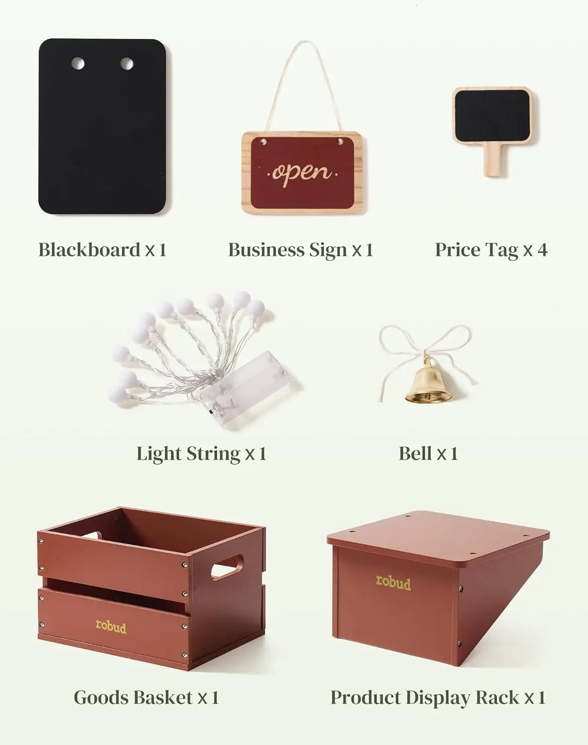 Collection of various display items including blackboard, business sign, price tags, light string, bell, goods basket, and product display rack on a white background.