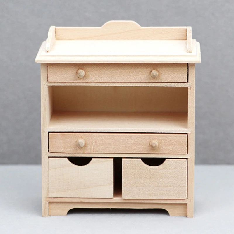 Wooden cabinet with drawers on a gray background