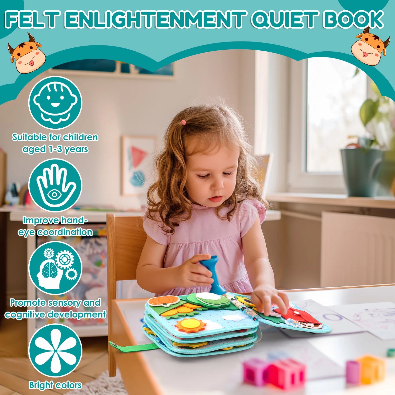 Child playing with a felt enlightenment quiet book in a bright room.