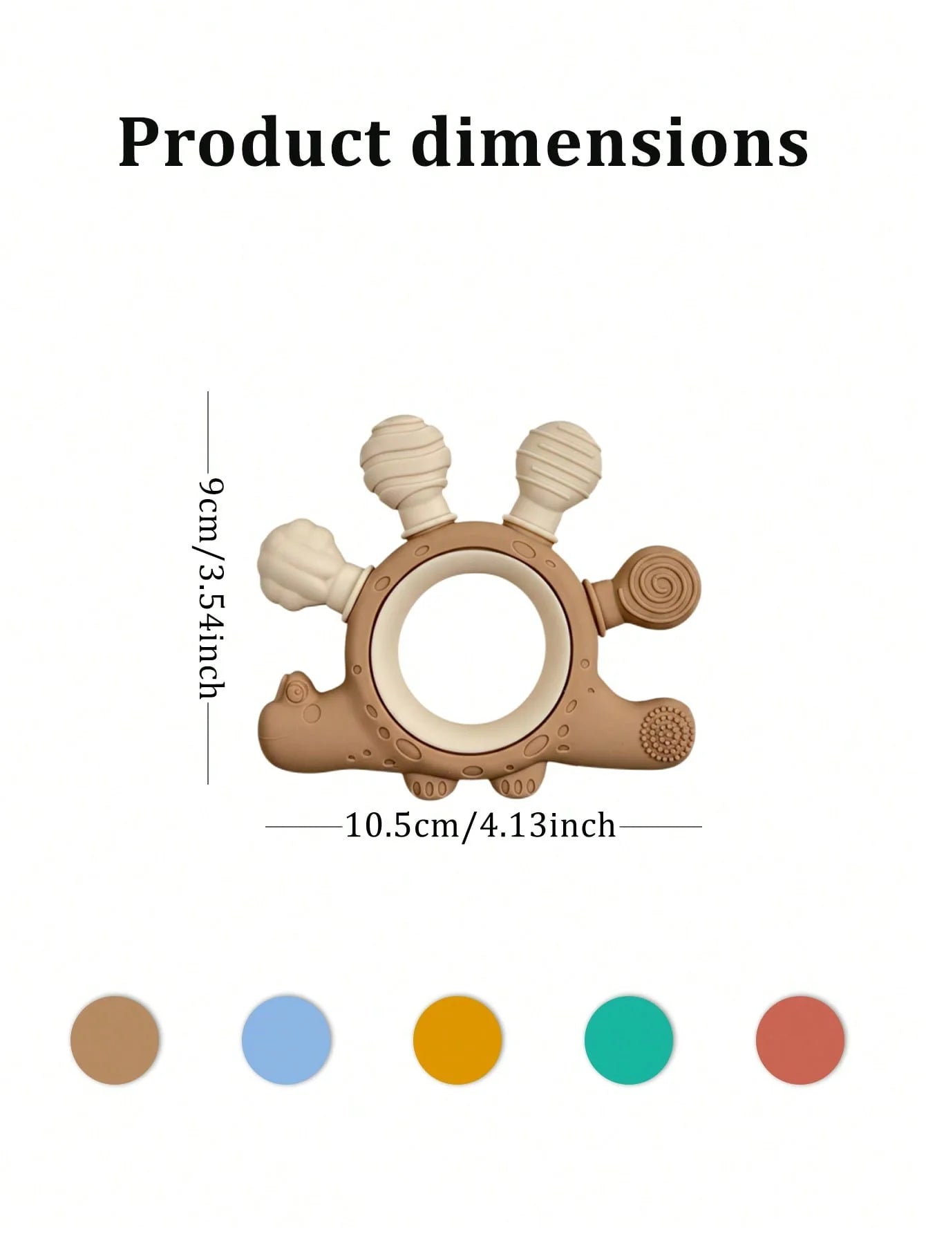 Product dimensions diagram showing a baby teething ring with five textured nubs, labeled 10.5cm/4.