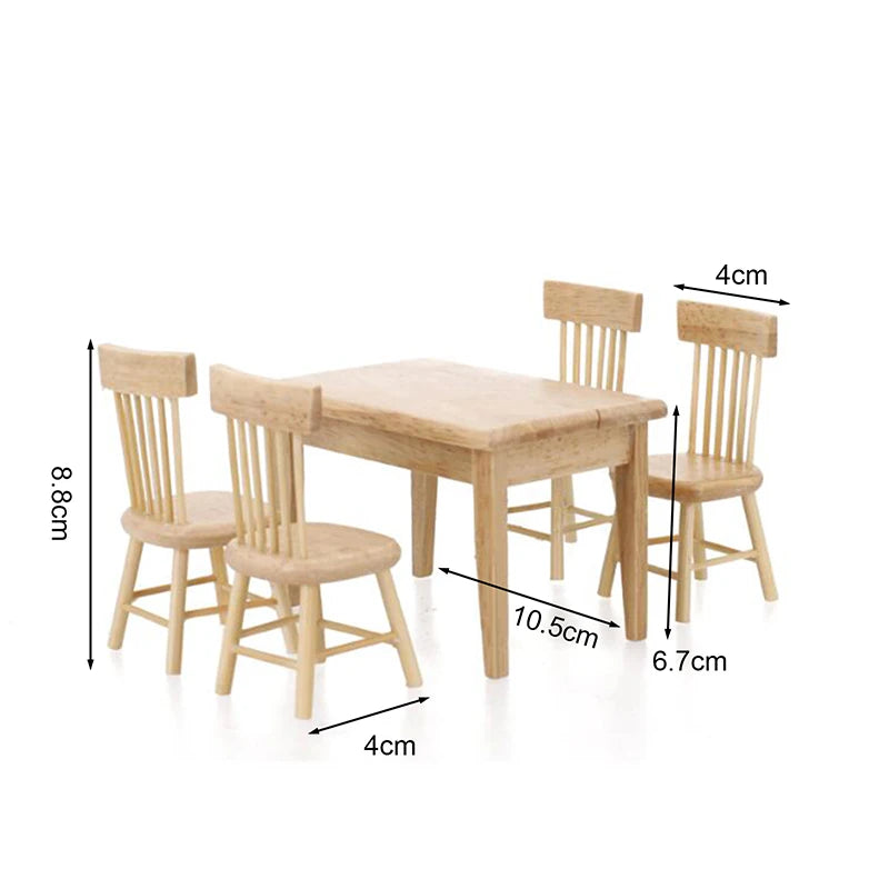 Wooden dining table with four chairs and dimensions labeled on a white background