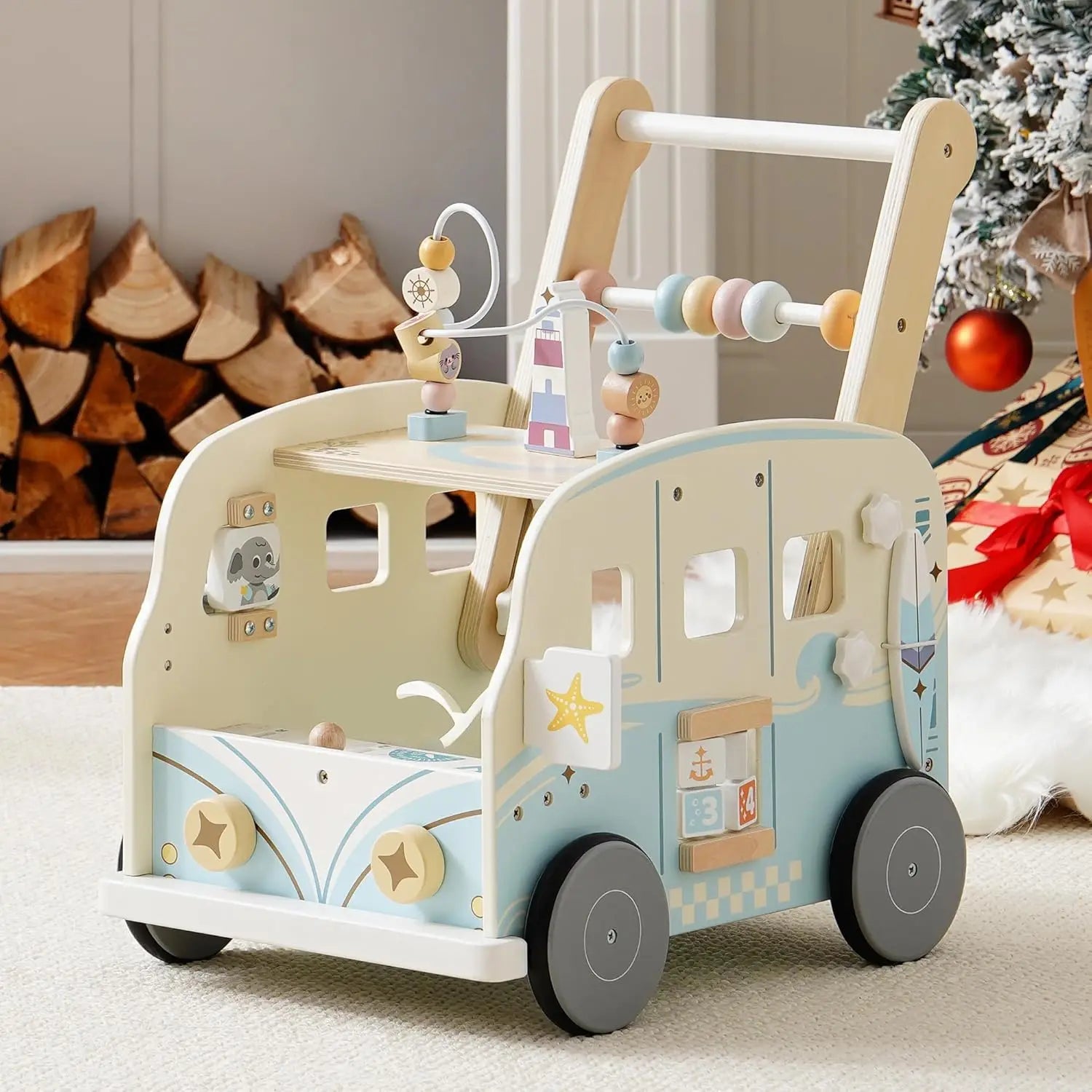 Wooden toy vehicle with activities in a home setting