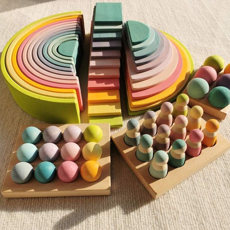 Montessori Large Pastel Basswood Stacking Blocks, Peg Dolls, Matching Balls