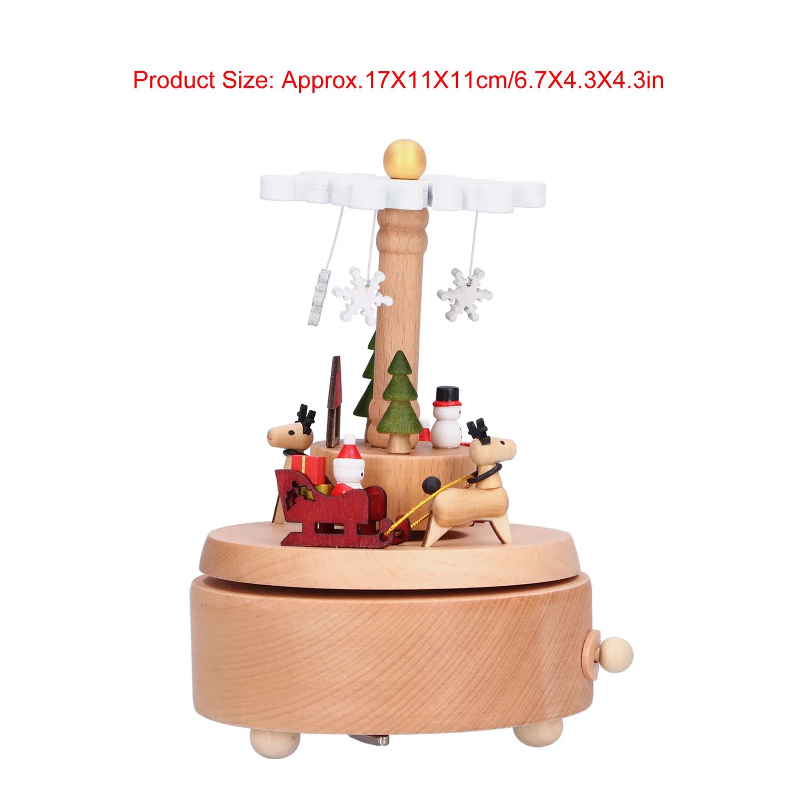 Wooden music box with Christmas-themed figures on a white background