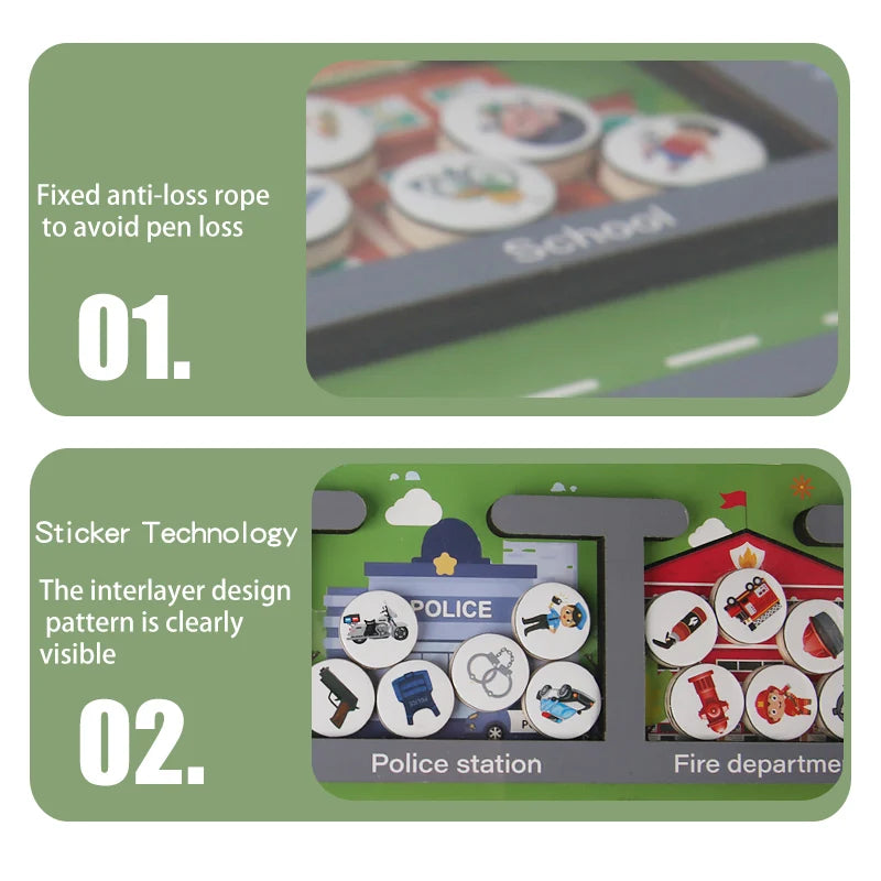 Educational toy with road markings and icon stickers on a green background. Magnetic Sorting Game - Rescue & City Maze | Oliver Montessori Toys