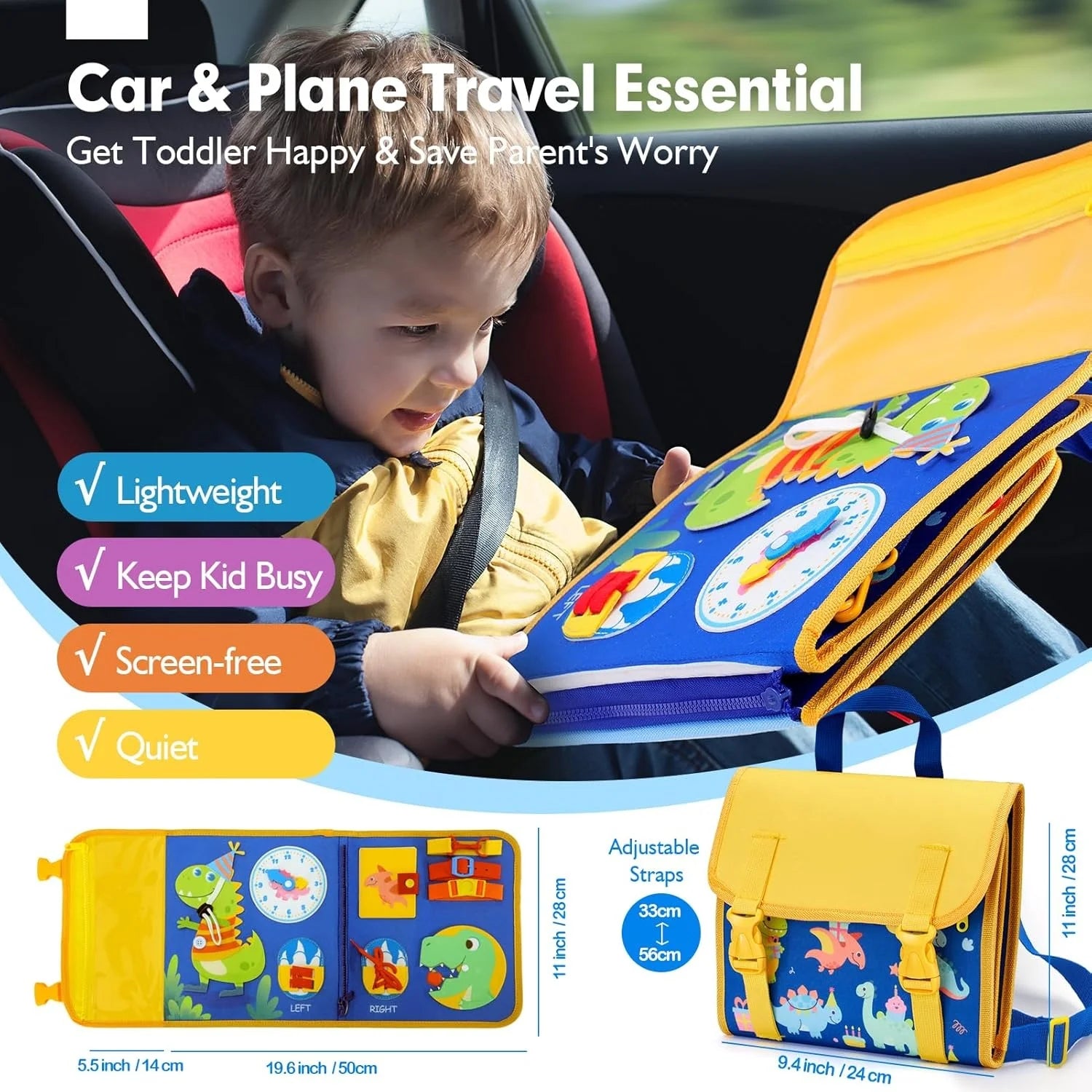 Child using a travel activity book in a car seat with product details.