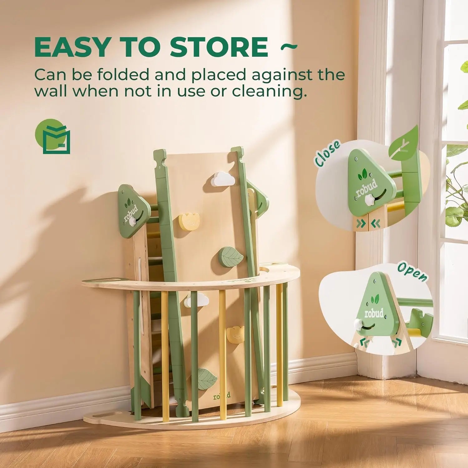 Children's play structure with storage feature against a wall, featuring text on easiness of storage.