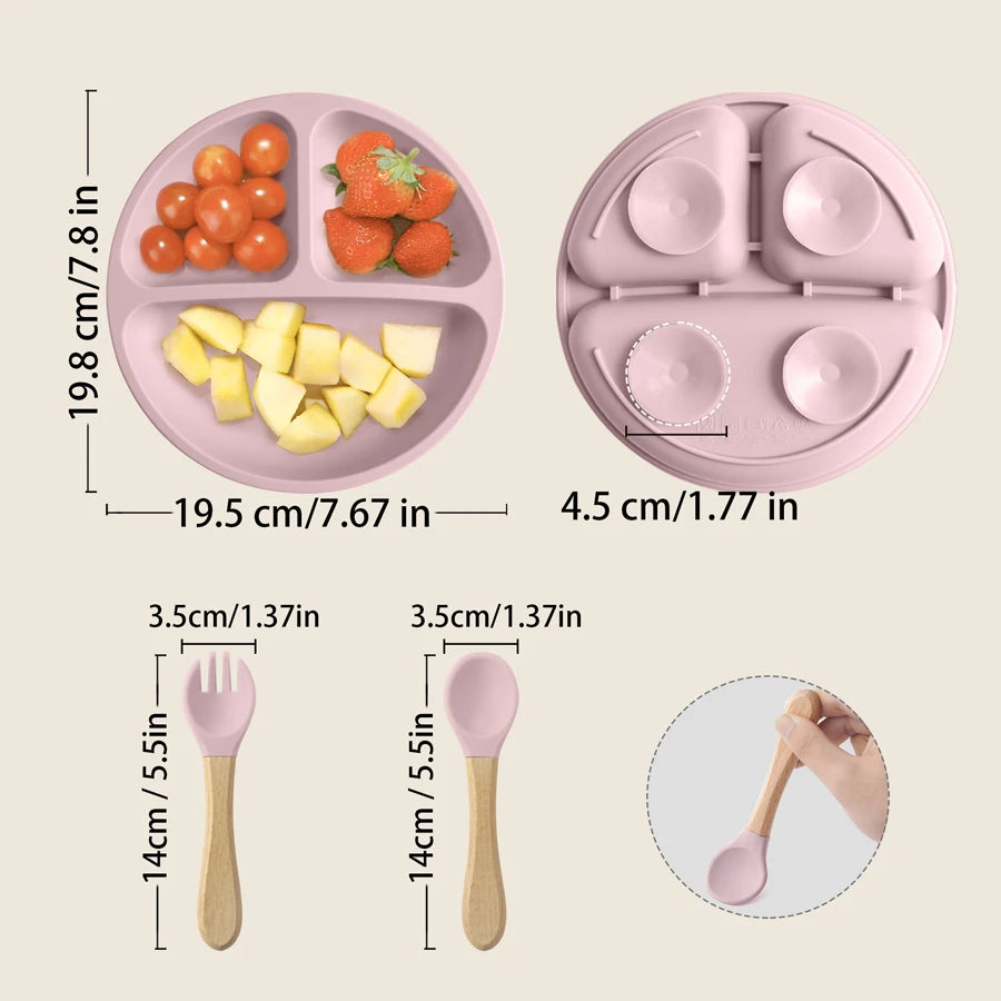 Plate 19.5 x 19.8cm with four suction cups, utensils 14cm