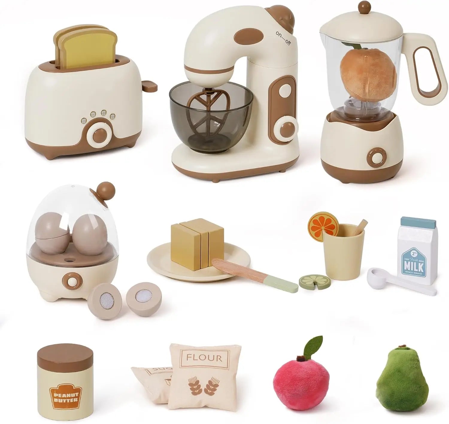 Set of toy kitchen appliances and items on a white background