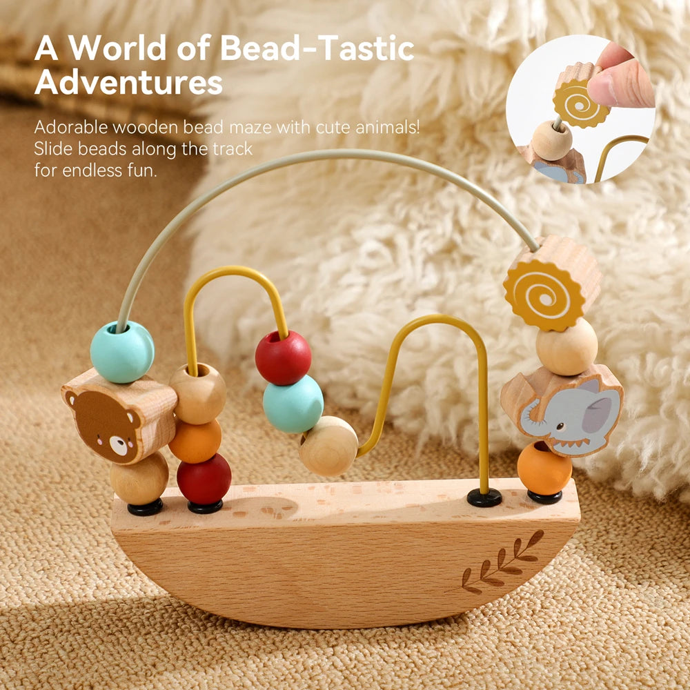 Wooden bead maze with colorful beads on curved wire tracks