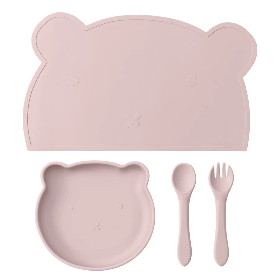 Dusty lilac bear placemat, plate, spoon and fork