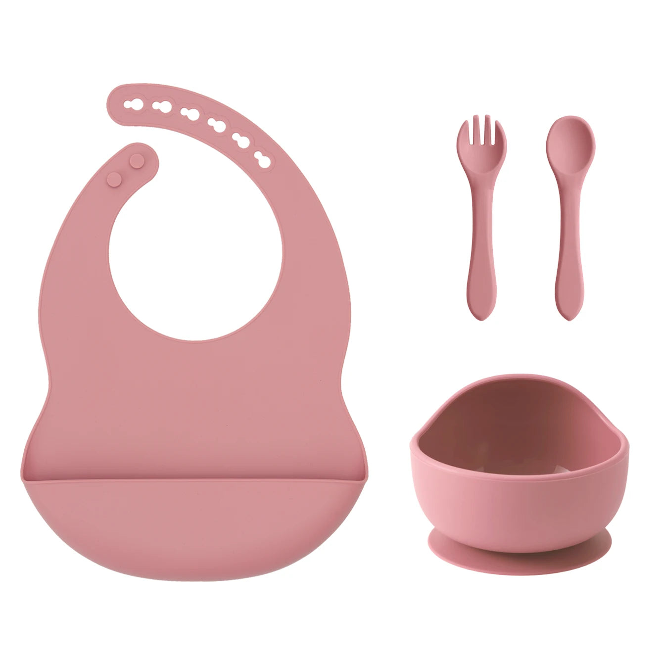 Powder Rose silicone bib, suction bowl, spoon and fork set