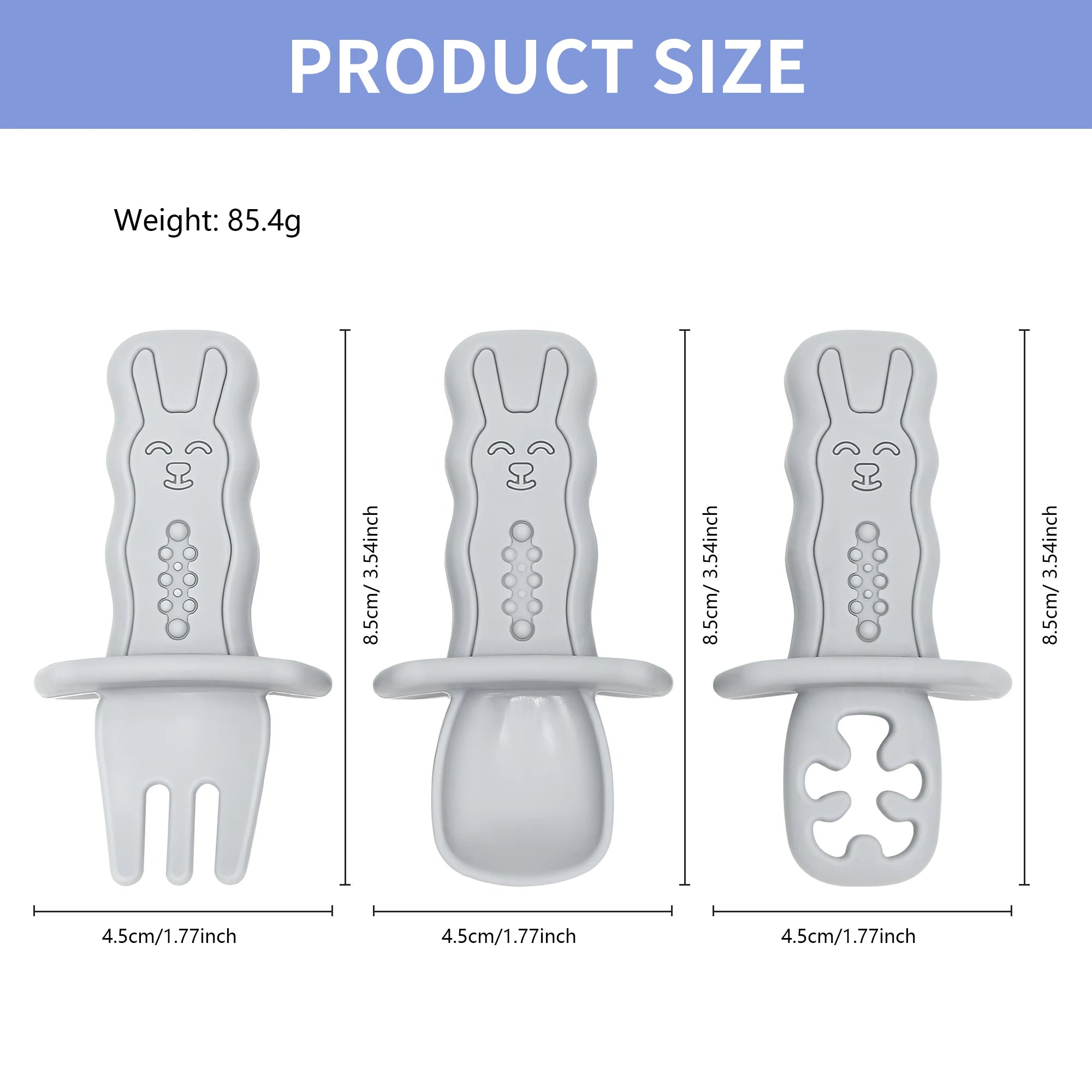 Gray baby teether with dimensions and weight information on a white background