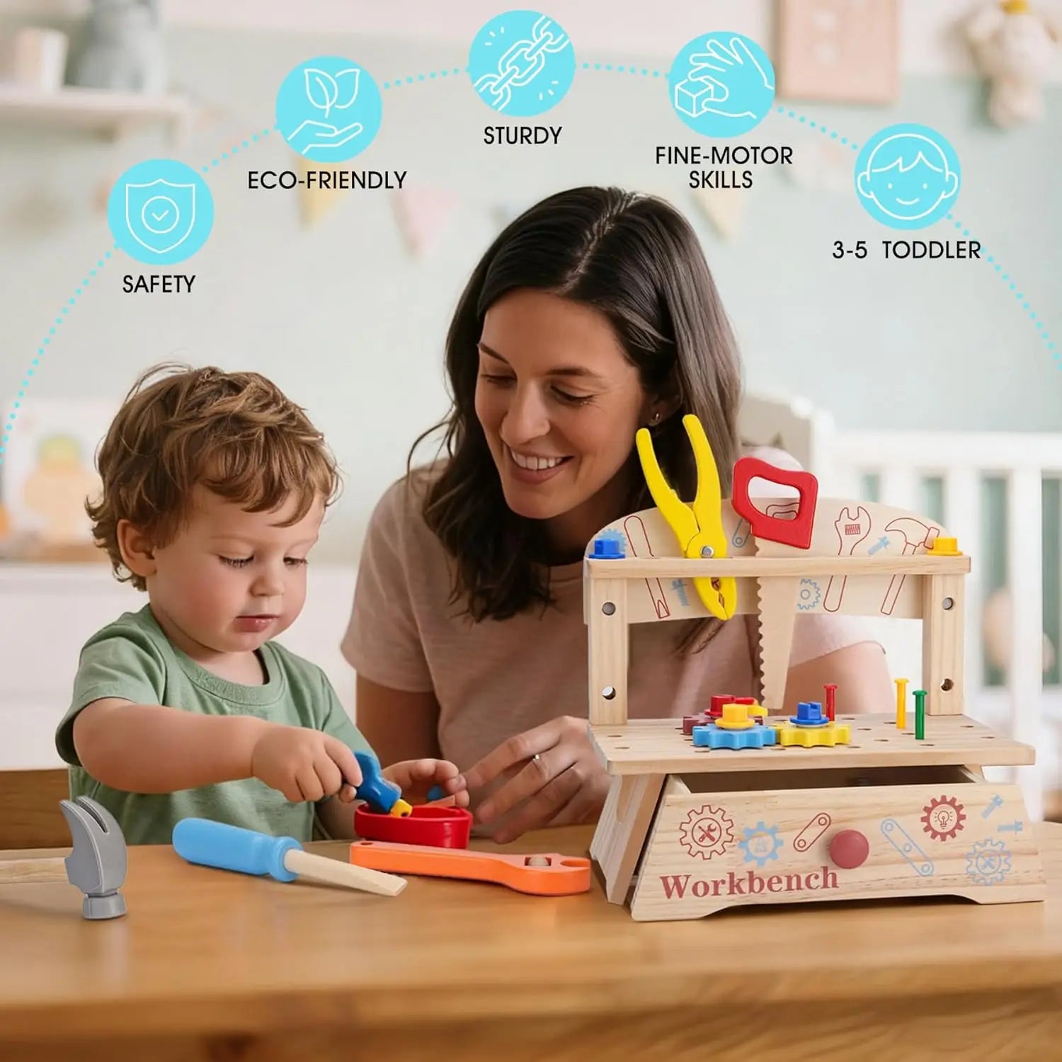 Wooden Tool Bench for Kids Pretend Play Construction Toy