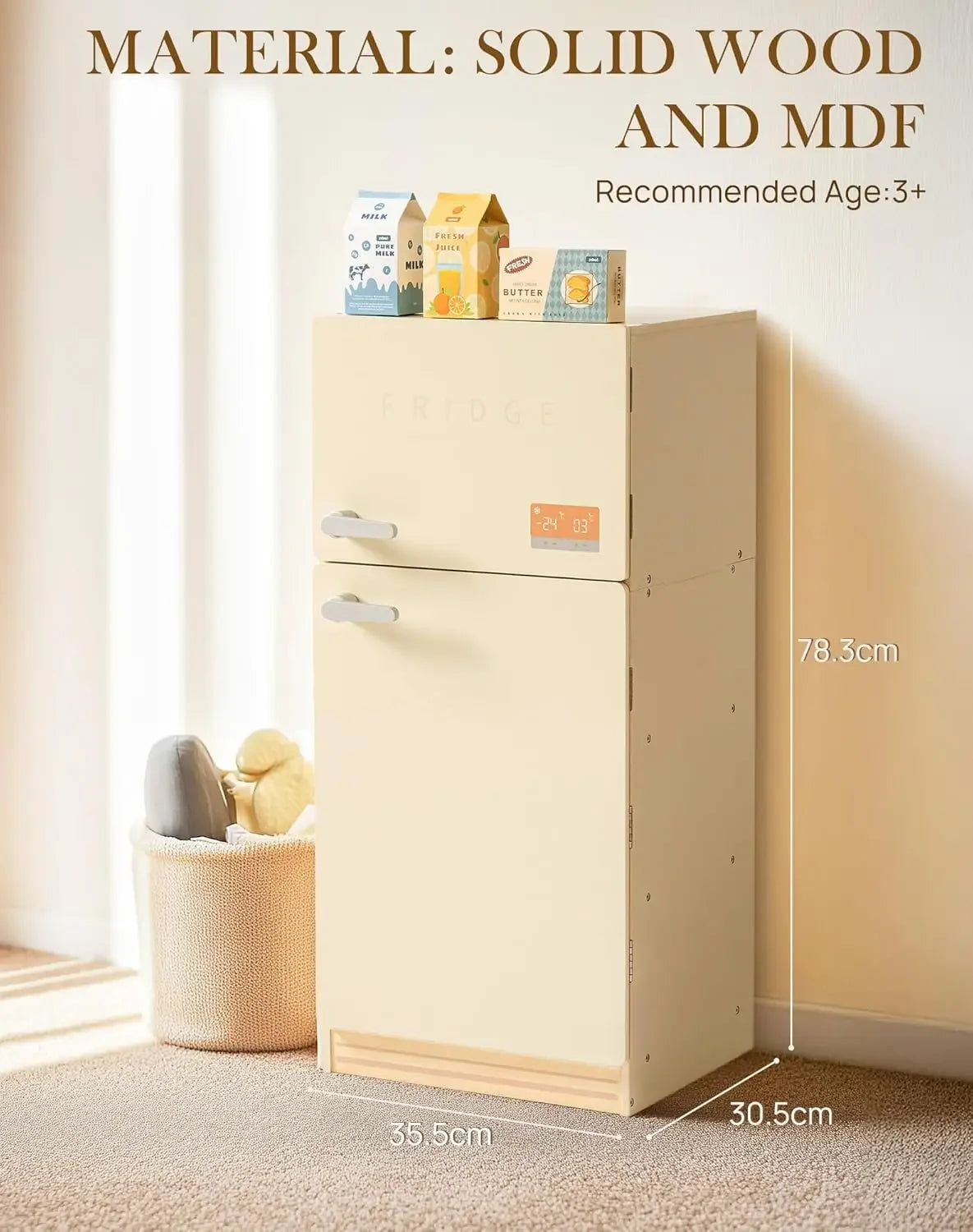Beige children's cabinet with measurements and material details on a light background