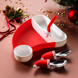 Christmas Santa Hat Divided Plate Set for toddlers, featuring a festive silicone plate and child-friendly fork and spoon, designed to encourage self-feeding and enhance holiday meals.