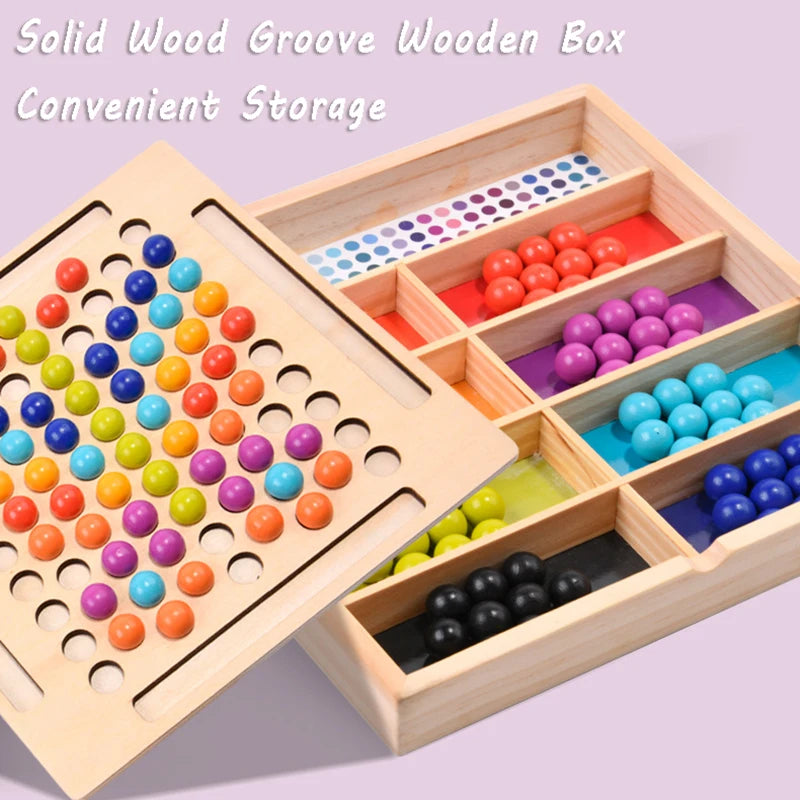 Wooden educational toy with colorful beads and compartments on a light purple background.