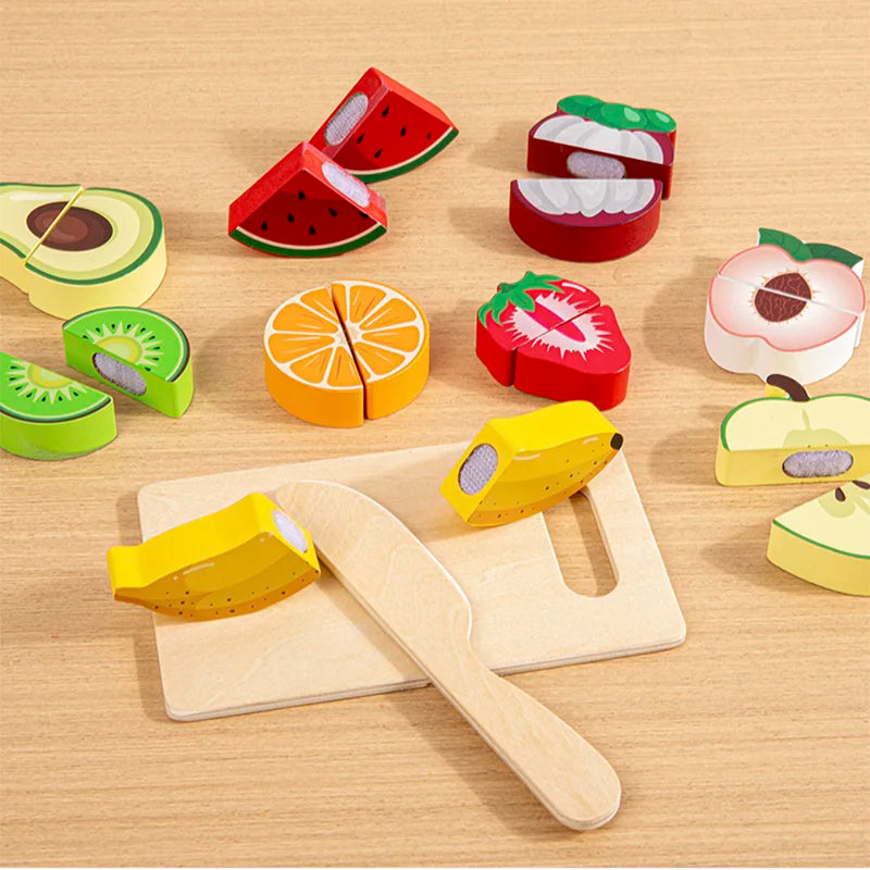 Wooden toy fruit set on a wooden surface