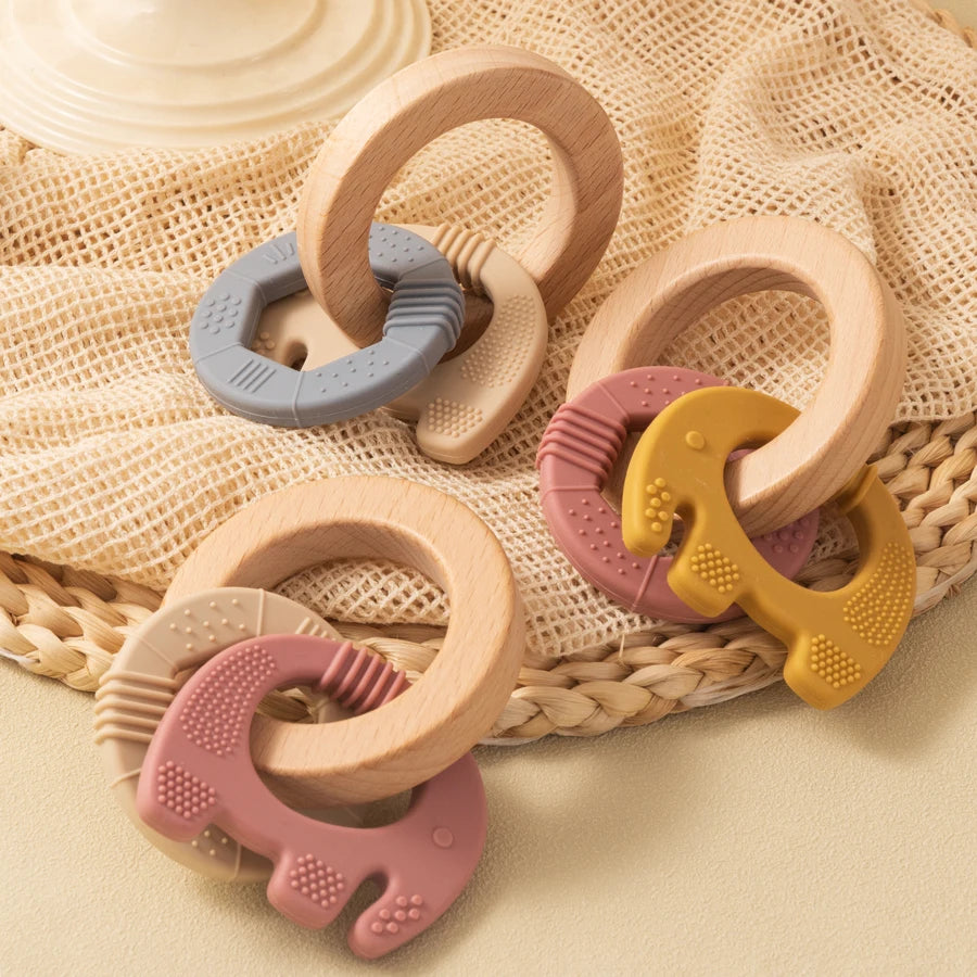 Elephant Silicone & Wooden Teether Ring 