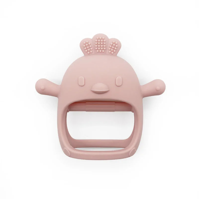 Pink baby teether with a face design on a white background