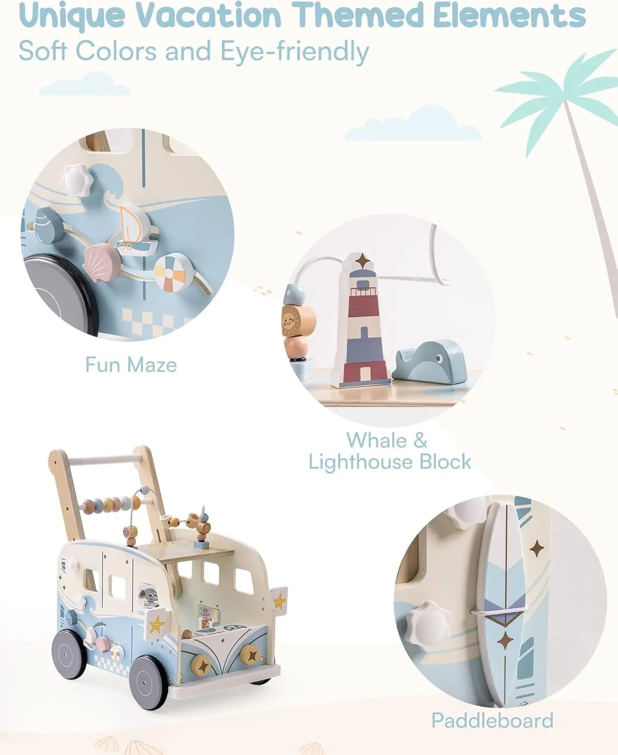 Children's wooden toy set with vacation-themed elements including a fun maze, whale and lighthouse block, and paddleboard.