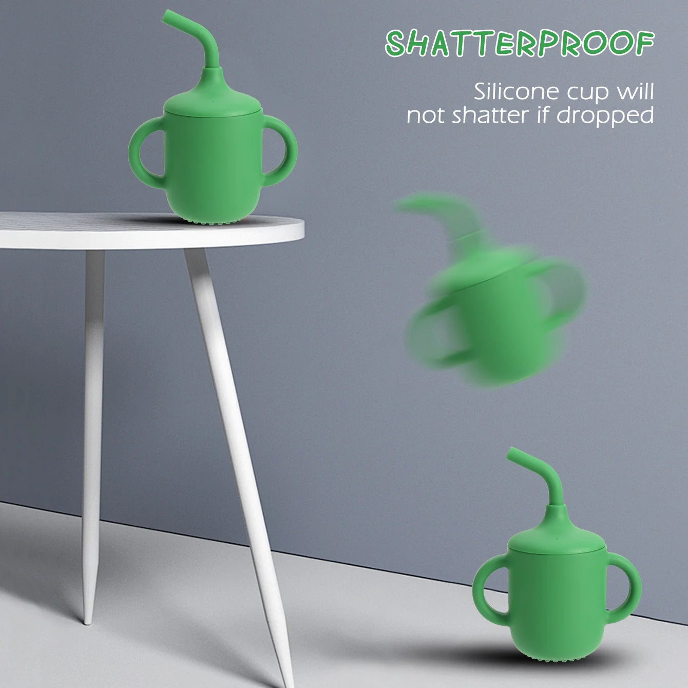 Silicone straw cup falling from a table to show it is shatterproof