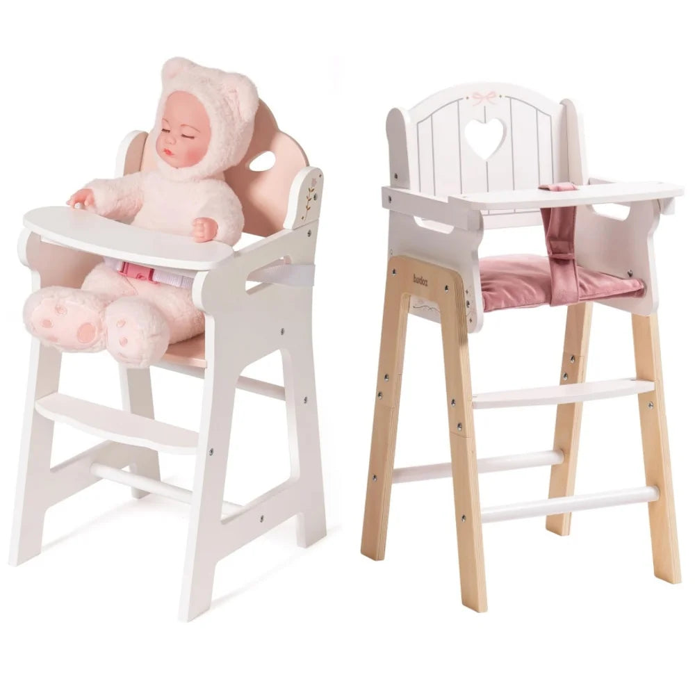 Two high chairs, one white and one with wooden legs, on a white background.