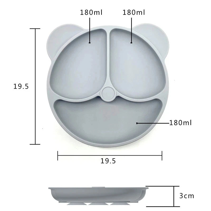 Gray bear-shaped bowl with measurements on a white background