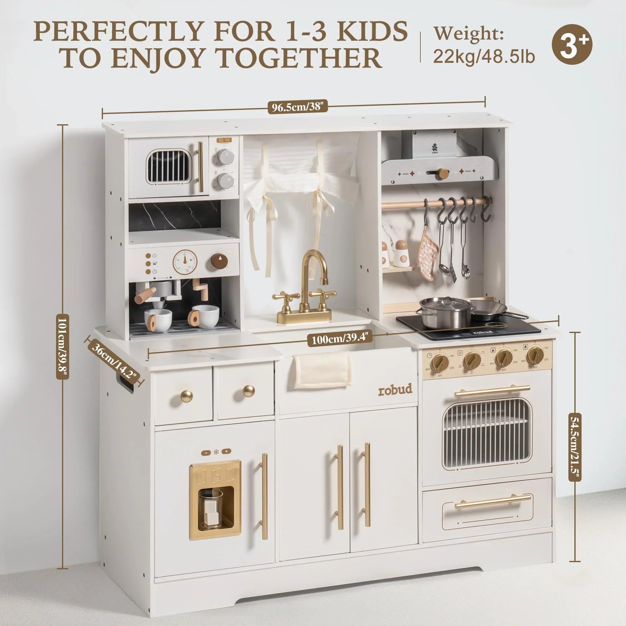 White toy kitchen set with measurements and weight information on a white background
