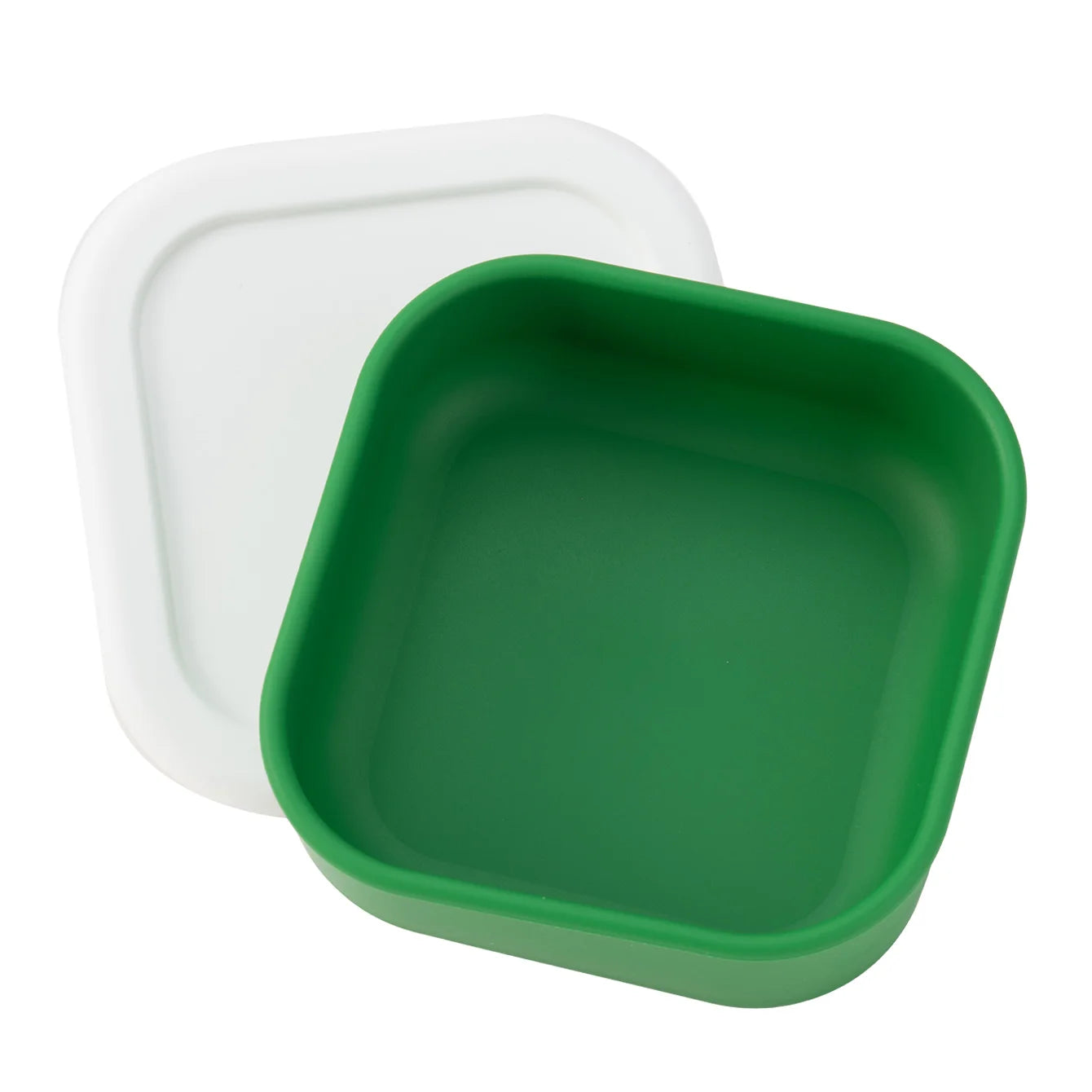 Square silicone snack container with lid in Green with White Lid