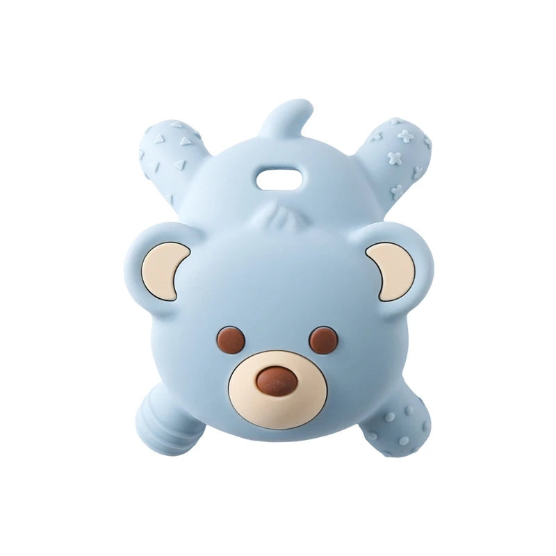 Blue bear-shaped teether on a white background
