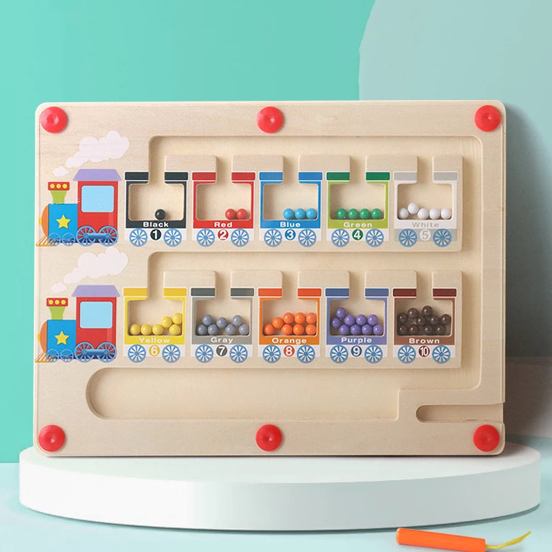 Color sorting toy with train design on a light blue background