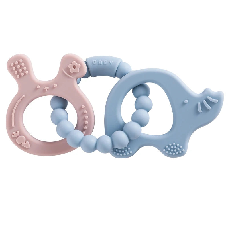 Two baby teething toys, one pink and one blue, on a white background.