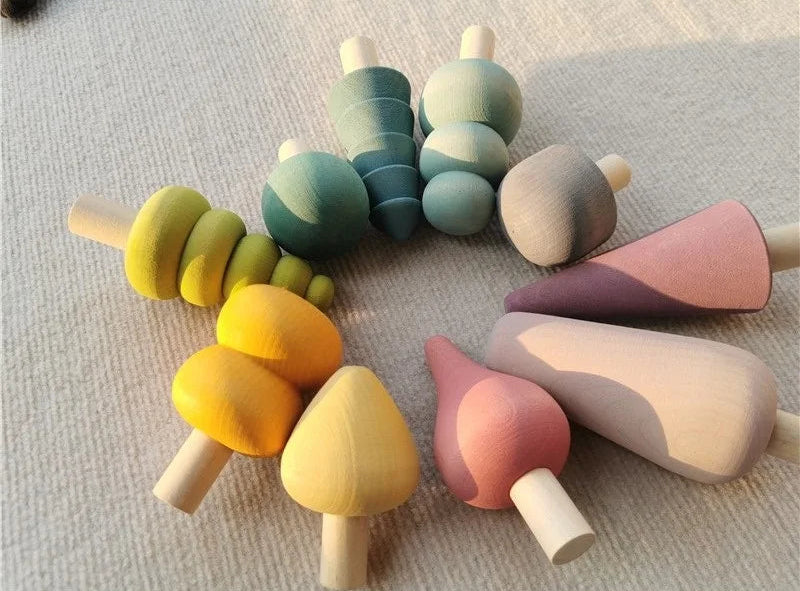 Colorful wooden toys on a textured surface