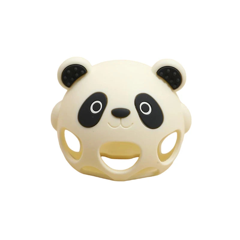 Panda-shaped teething ring on a white background