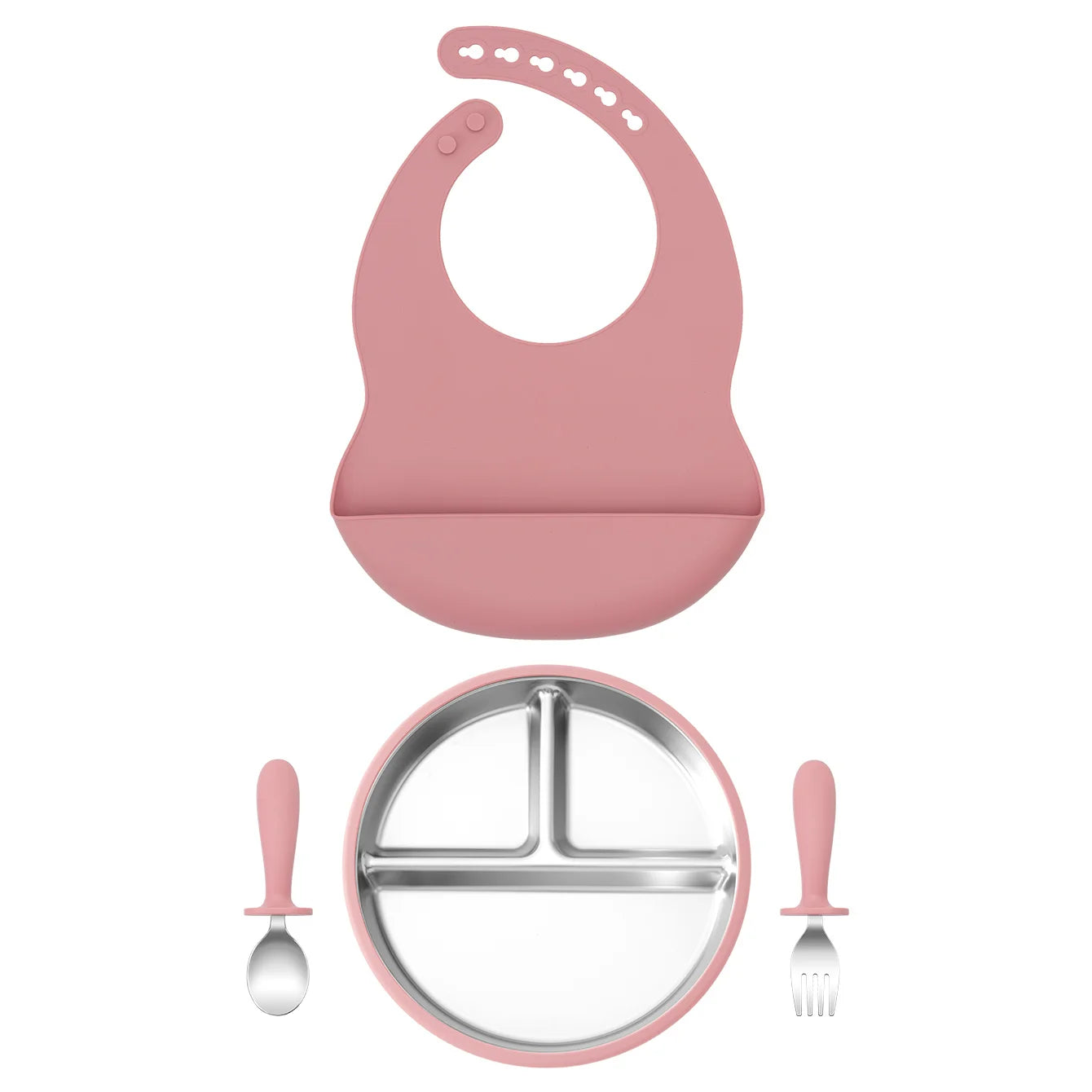 4-Piece Stainless Steel Silicone Feeding Set with Divided Plate and Bib