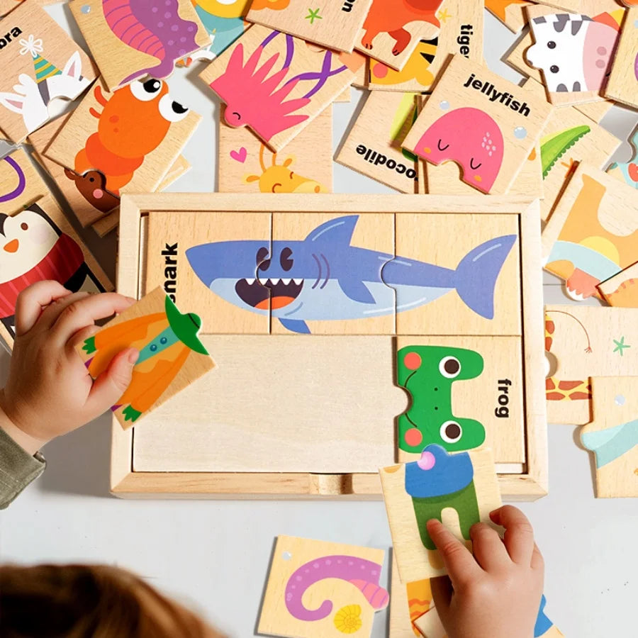 Children playing with a wooden puzzle featuring animal illustrations on a white surface.