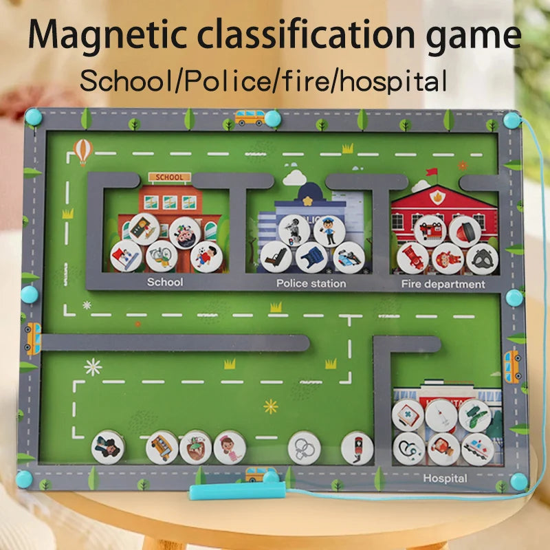 Magnetic classification game with school, police station, fire department, and hospital themes on a green board. Magnetic Sorting Game - Rescue & City Maze | Oliver Montessori Toys