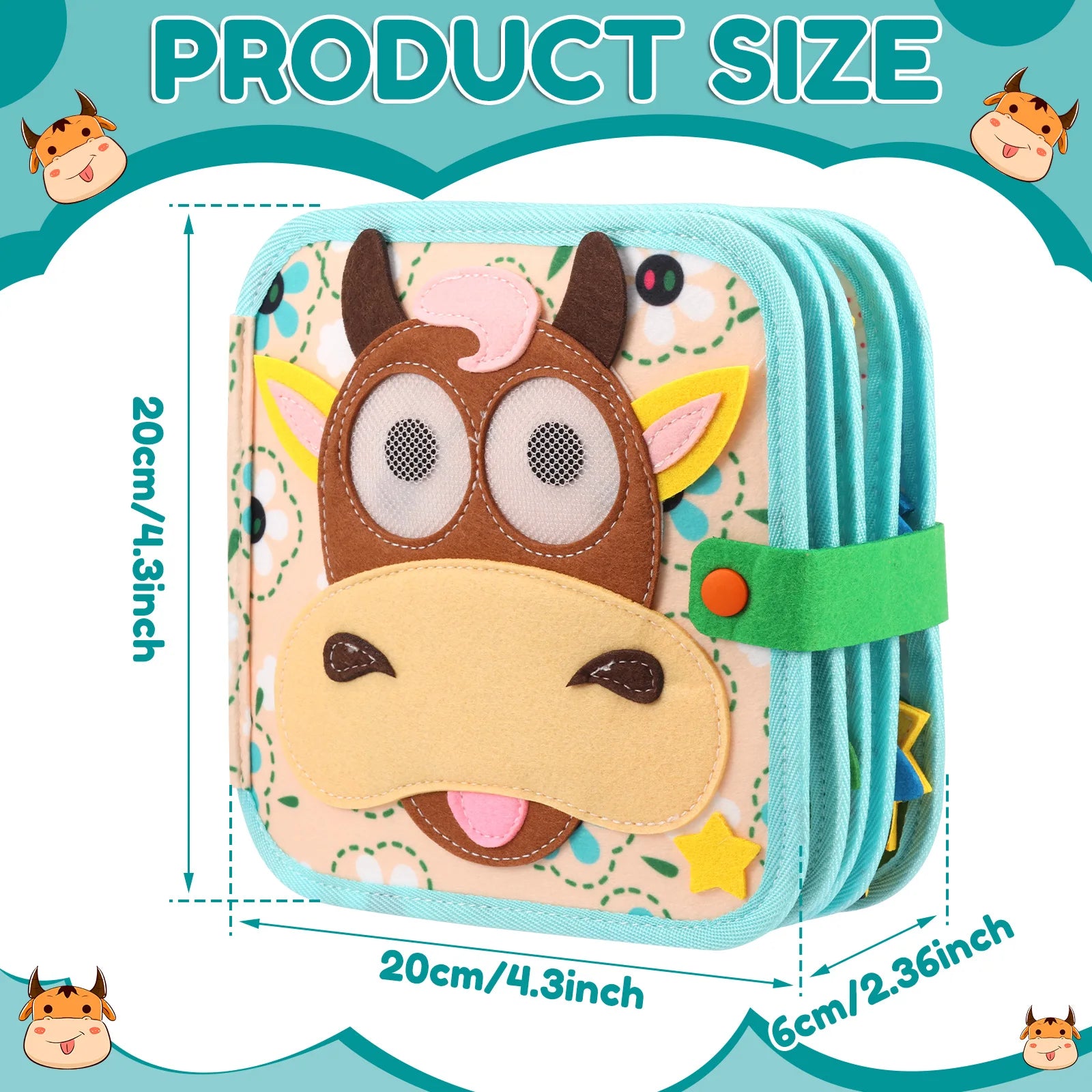 Product size chart with a cow-themed children's book and dimensions on a blue background.