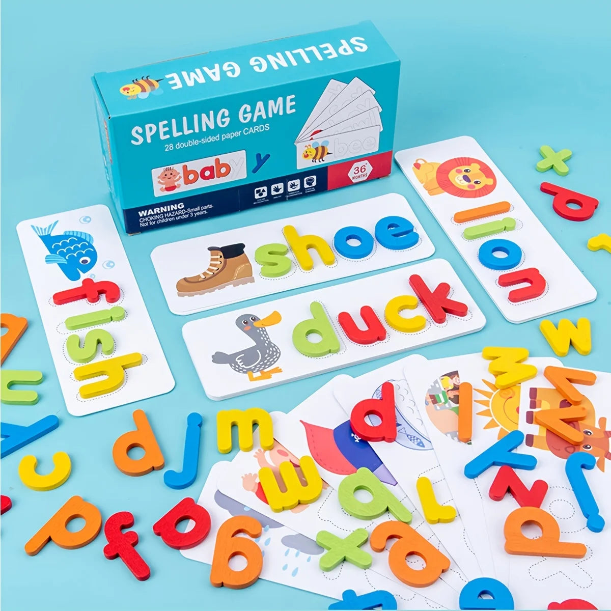Wooden Letter Spelling Game with Picture Cards for Kids Ages 3-6
